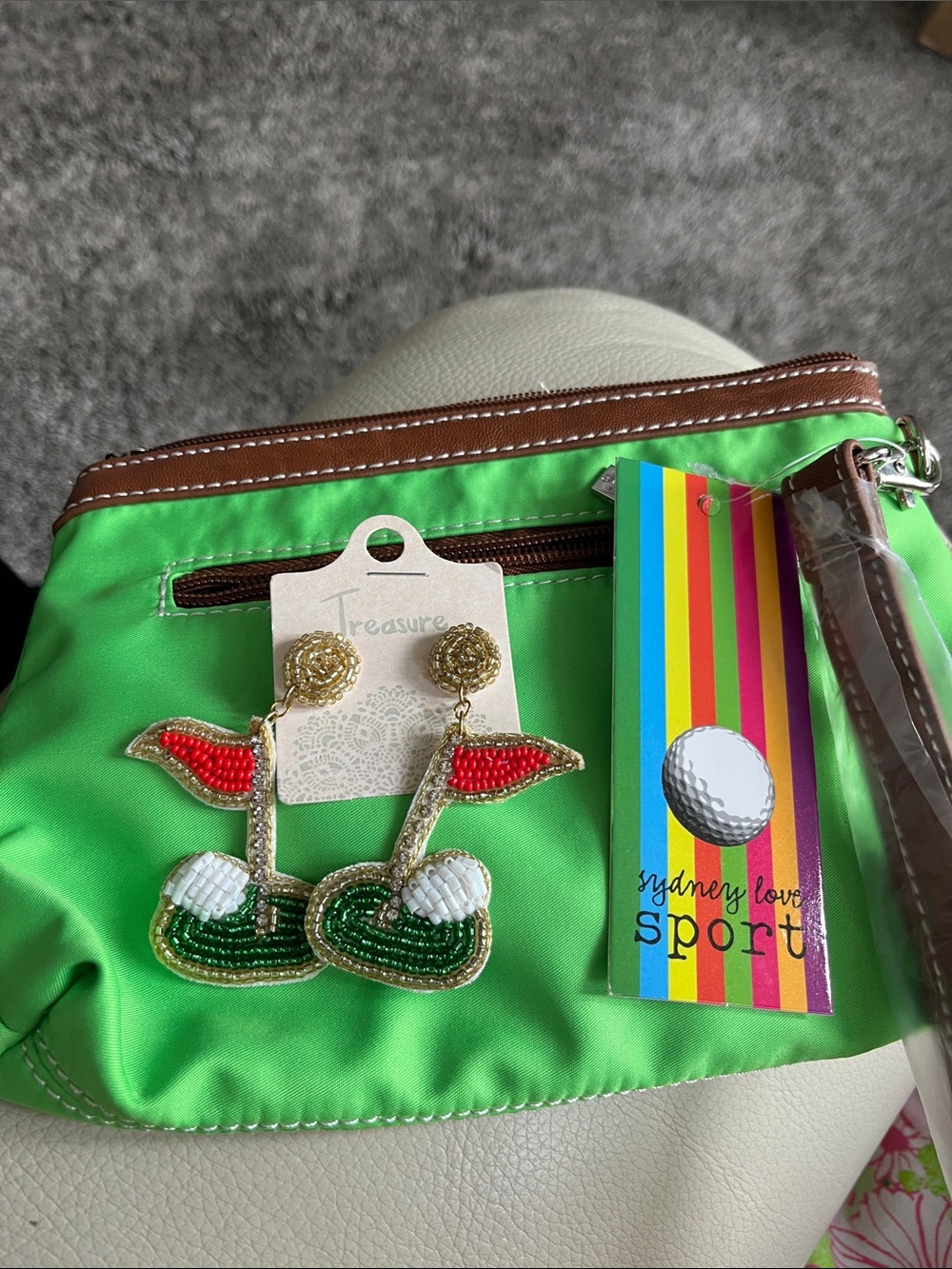 Treasure Green Golf Bead Earrings  & Sydney Love green pouch/wristlet New. Cute.